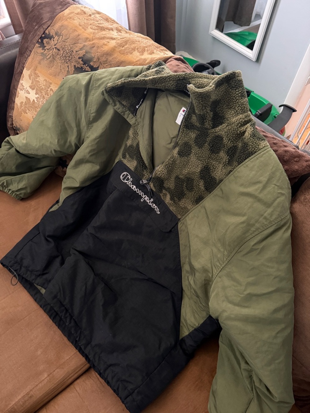 Champion Olive Green and Black Half-Zip Sherpa Pullover